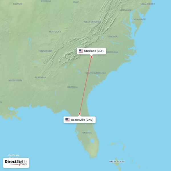 Charlotte - Gainesville direct flight map