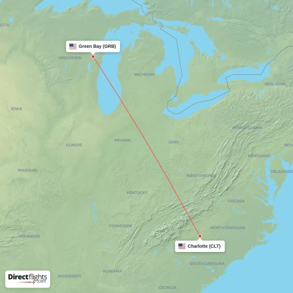 Charlotte - Green Bay direct flight map