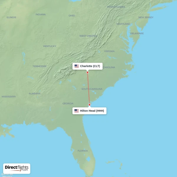 Charlotte - Hilton Head direct flight map