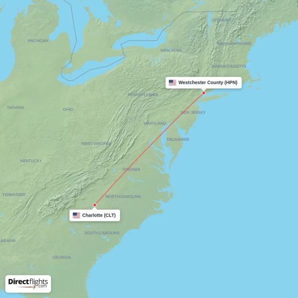 Charlotte - Westchester County direct flight map