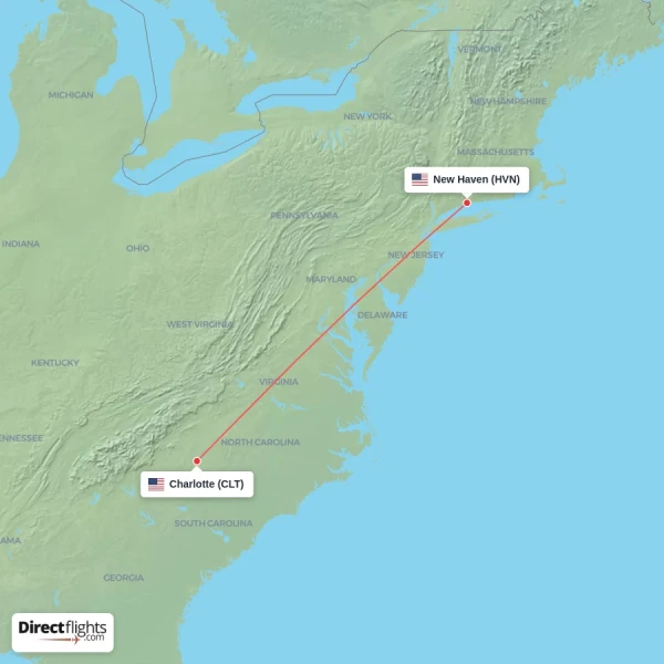 Charlotte - New Haven direct flight map