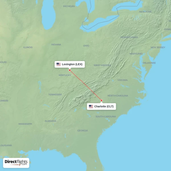 Charlotte - Lexington direct flight map