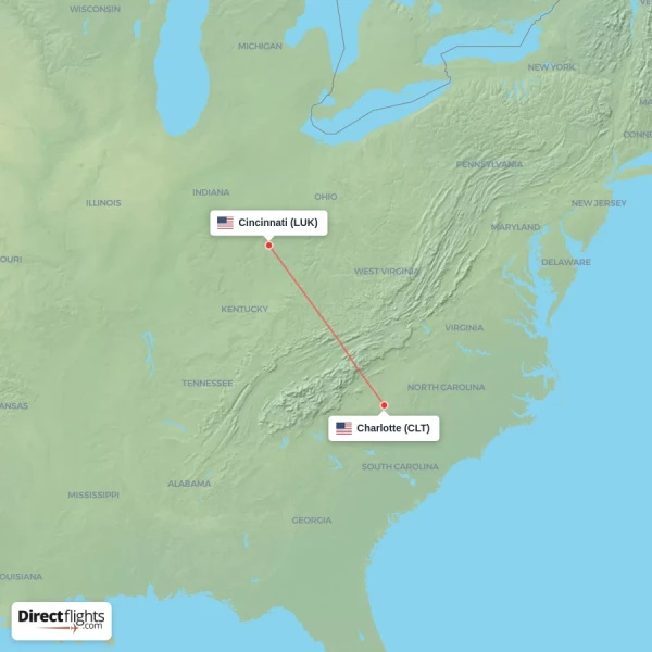Charlotte - Cincinnati direct flight map