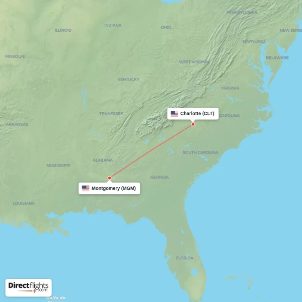 Charlotte - Montgomery direct flight map