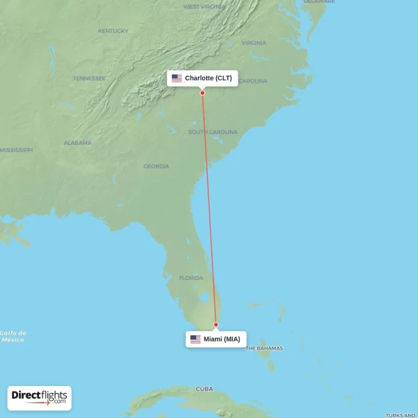 Charlotte - Miami direct flight map