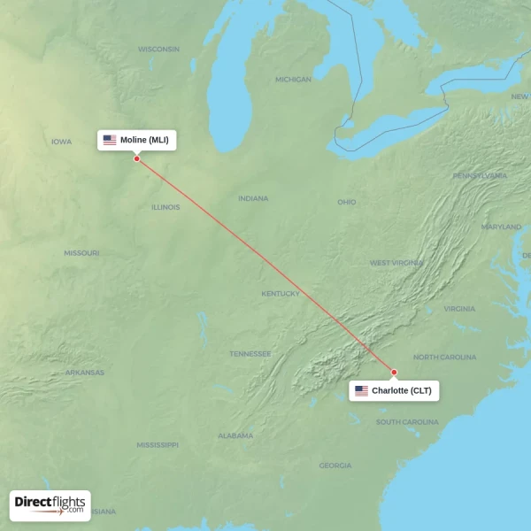 Charlotte - Moline direct flight map