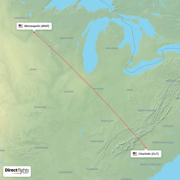 Charlotte - Minneapolis direct flight map
