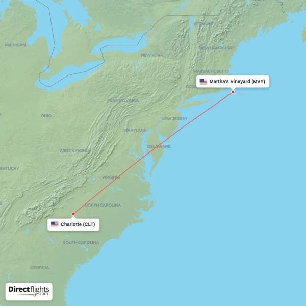 Charlotte - Martha's Vineyard direct flight map