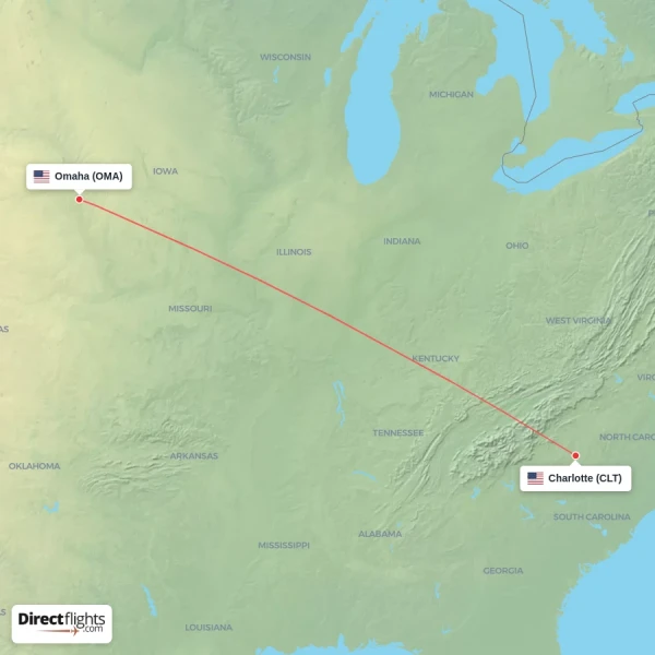 Charlotte - Omaha direct flight map