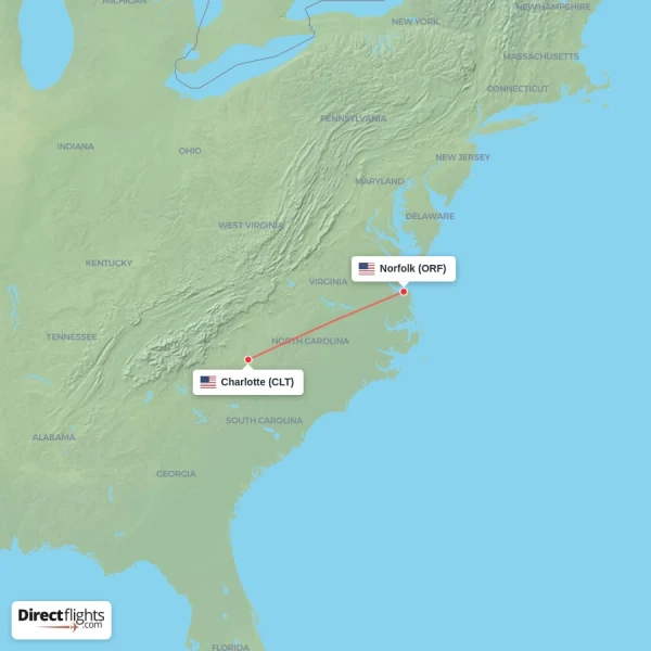 Charlotte - Norfolk direct flight map