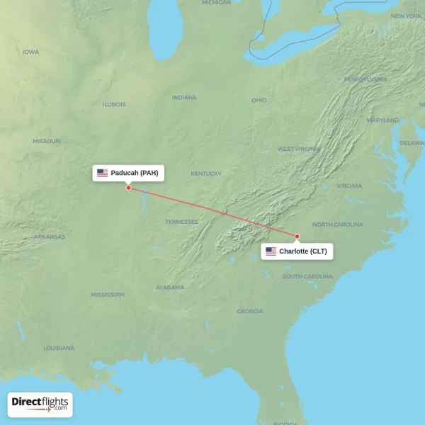 Charlotte - Paducah direct flight map