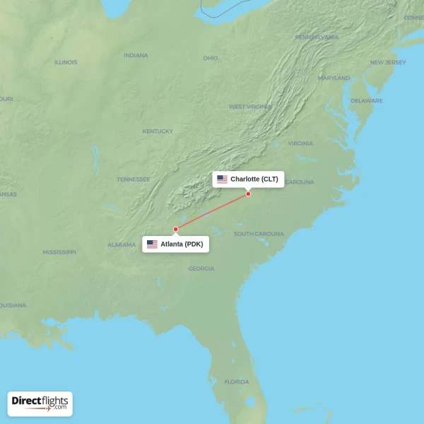 Charlotte - Atlanta direct flight map