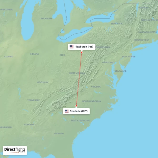 Charlotte - Pittsburgh direct flight map