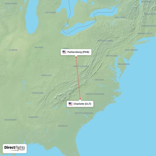 Charlotte - Parkersburg direct flight map