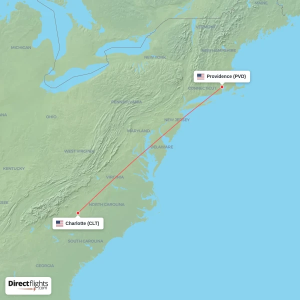 Charlotte - Providence direct flight map