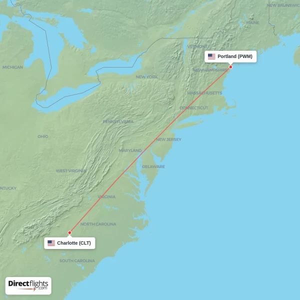 Charlotte - Portland direct flight map