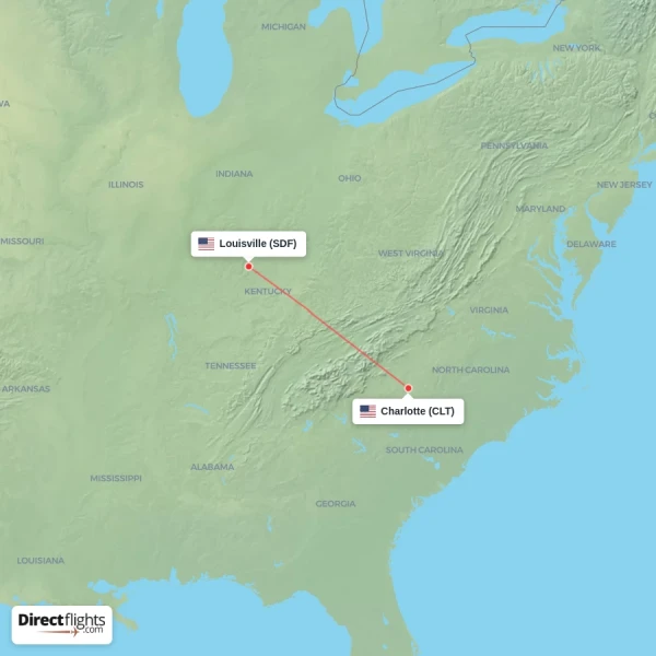 Charlotte - Louisville direct flight map