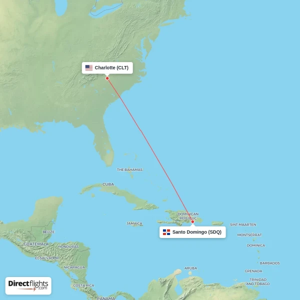 Charlotte - Santo Domingo direct flight map