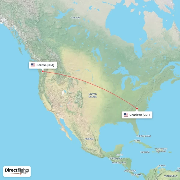 Charlotte - Seattle direct flight map