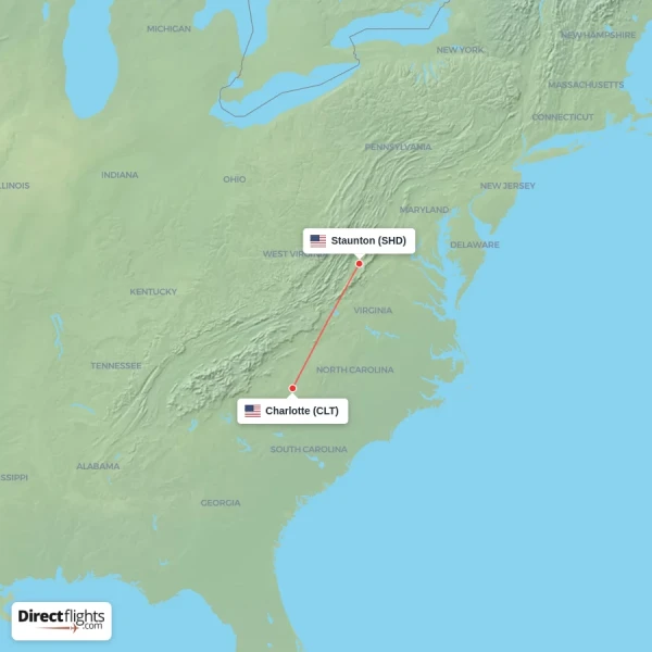 Charlotte - Staunton direct flight map