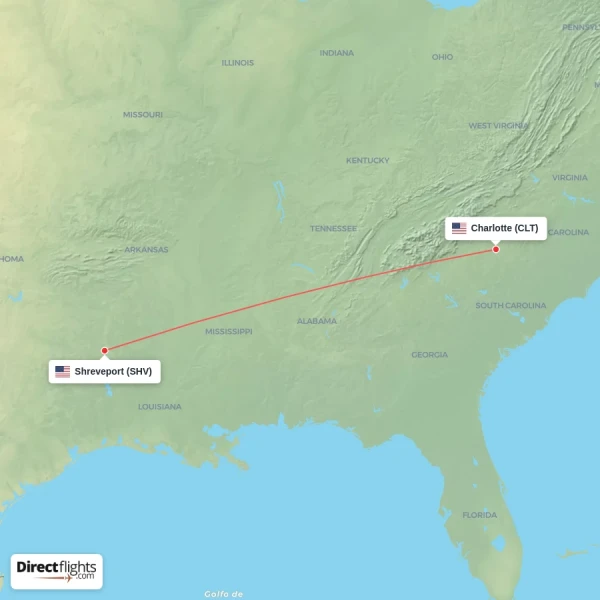 Charlotte - Shreveport direct flight map