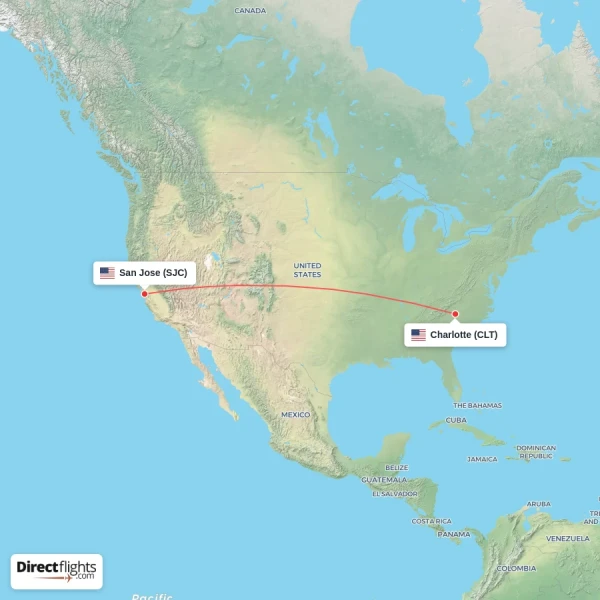 Charlotte - San Jose direct flight map