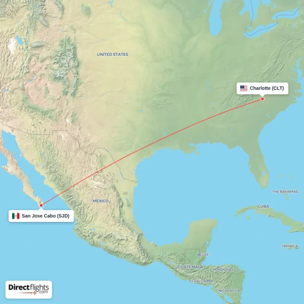 Charlotte - San Jose Cabo direct flight map