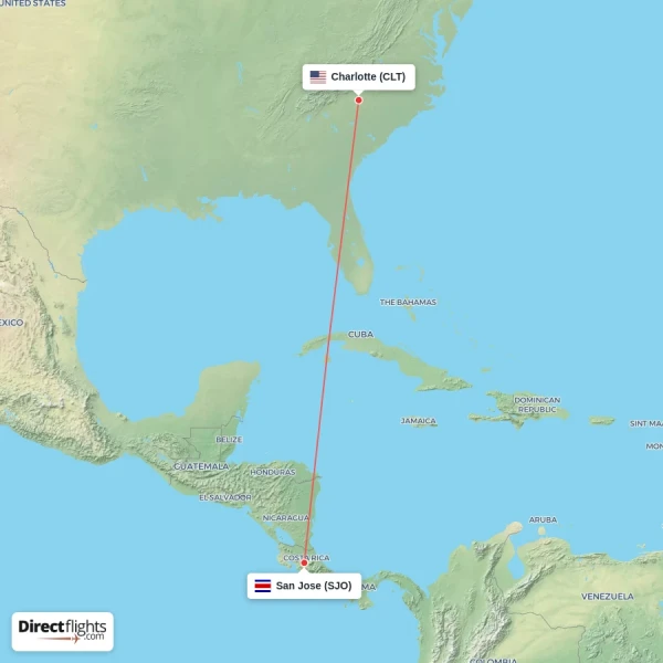 Charlotte - San Jose direct flight map