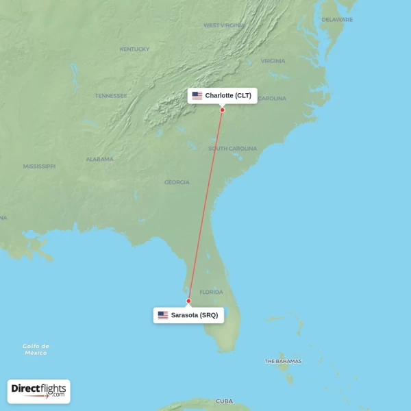 Charlotte - Sarasota direct flight map