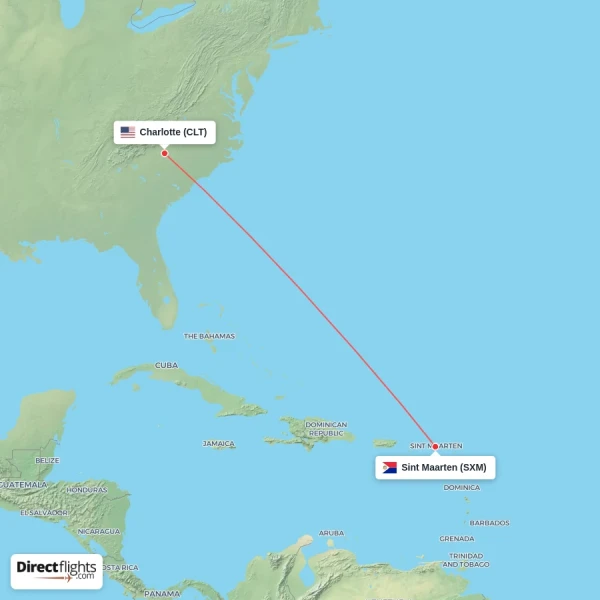 Charlotte - Sint Maarten direct flight map