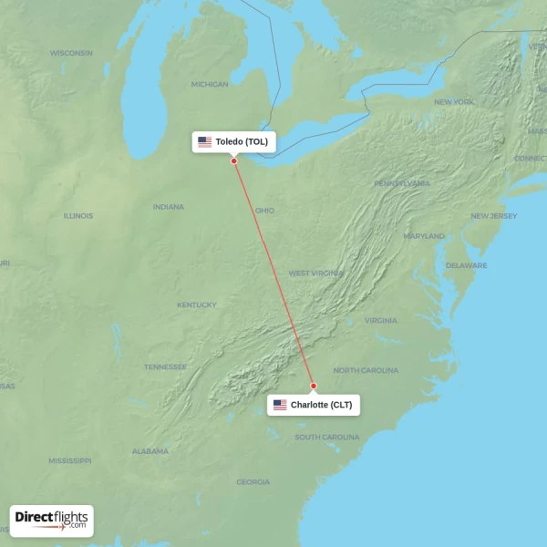 Charlotte - Toledo direct flight map