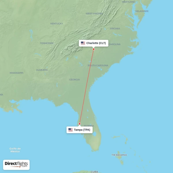 Charlotte - Tampa direct flight map