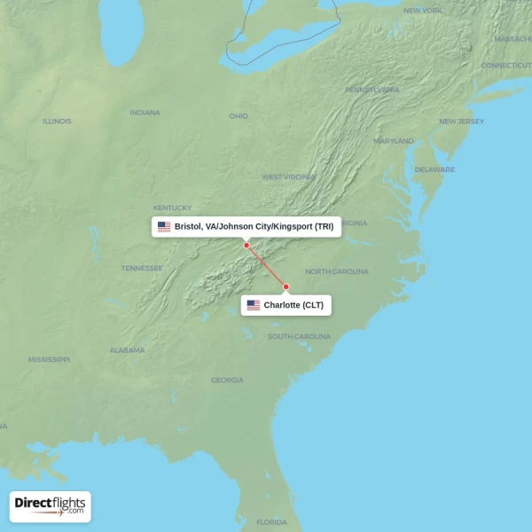 Charlotte - Bristol, VA/Johnson City/Kingsport direct flight map
