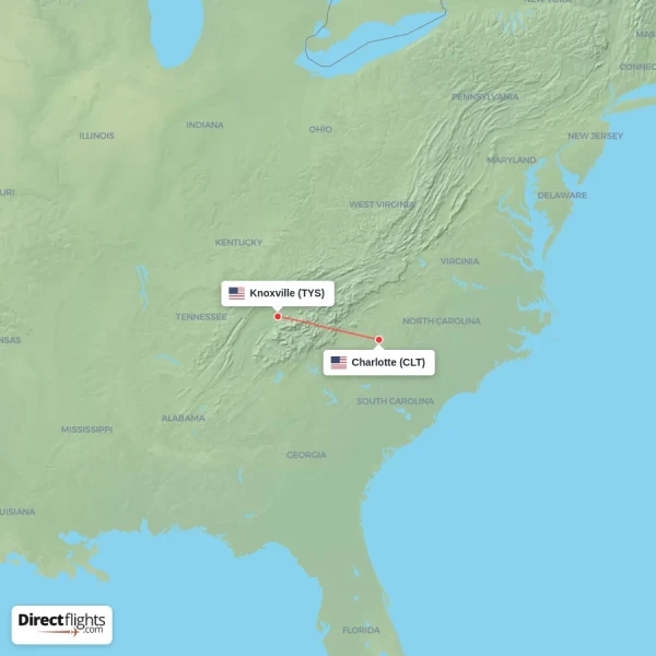 Charlotte - Knoxville direct flight map