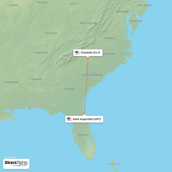 Charlotte - Saint Augustine direct flight map