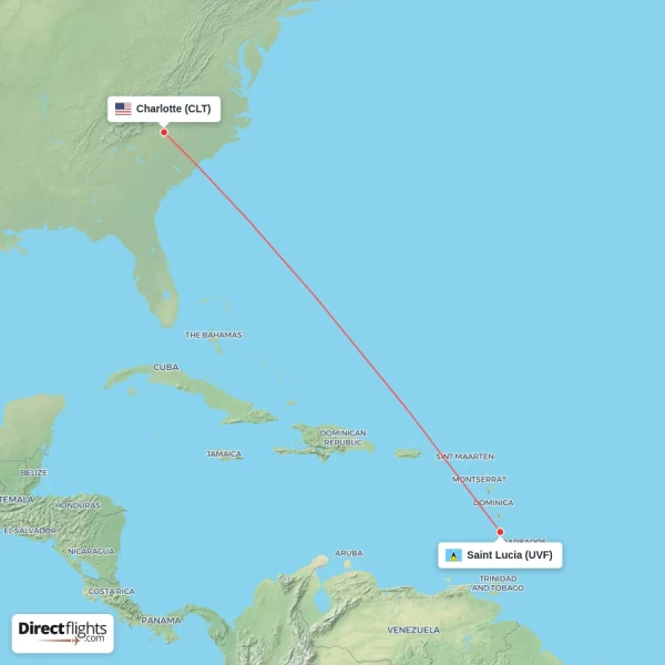 Charlotte - Saint Lucia direct flight map