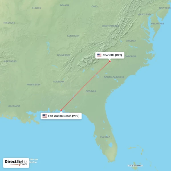 Charlotte - Fort Walton Beach direct flight map