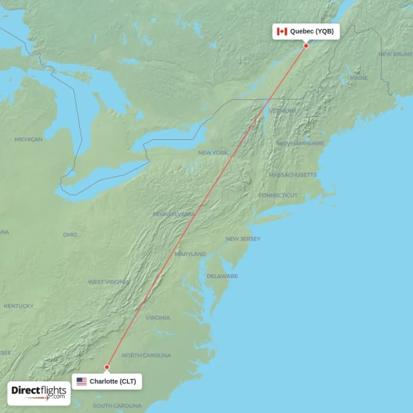 Charlotte - Quebec direct flight map