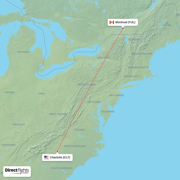 Charlotte - Montreal direct flight map