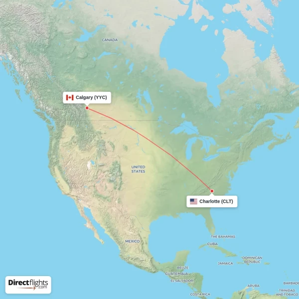Charlotte - Calgary direct flight map