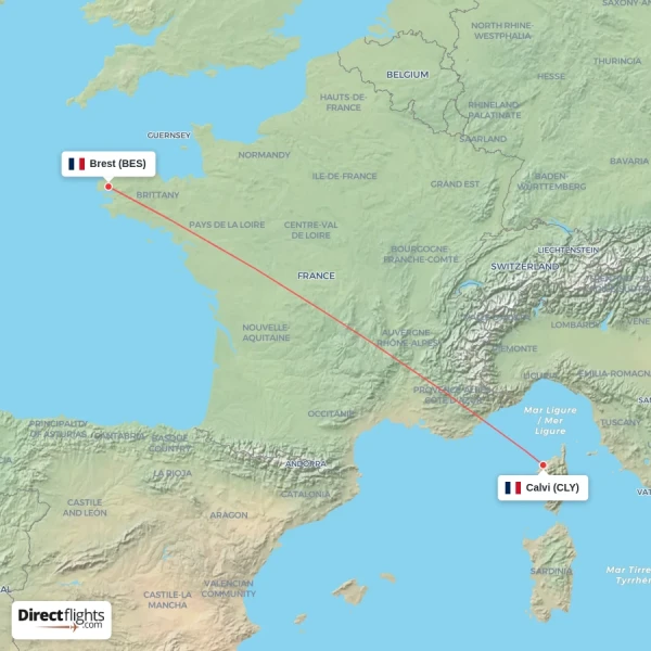 Calvi - Brest direct flight map