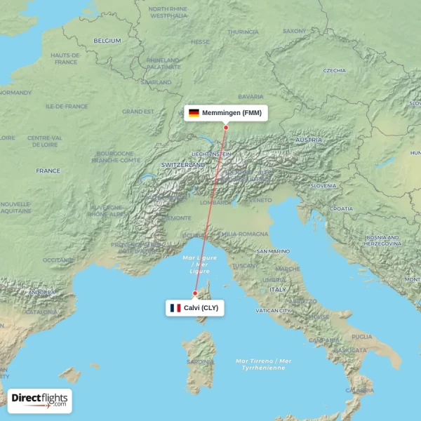 Calvi - Memmingen direct flight map