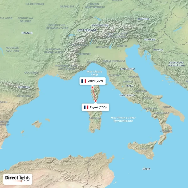 Calvi - Figari direct flight map