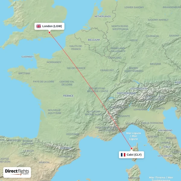 Calvi - London direct flight map