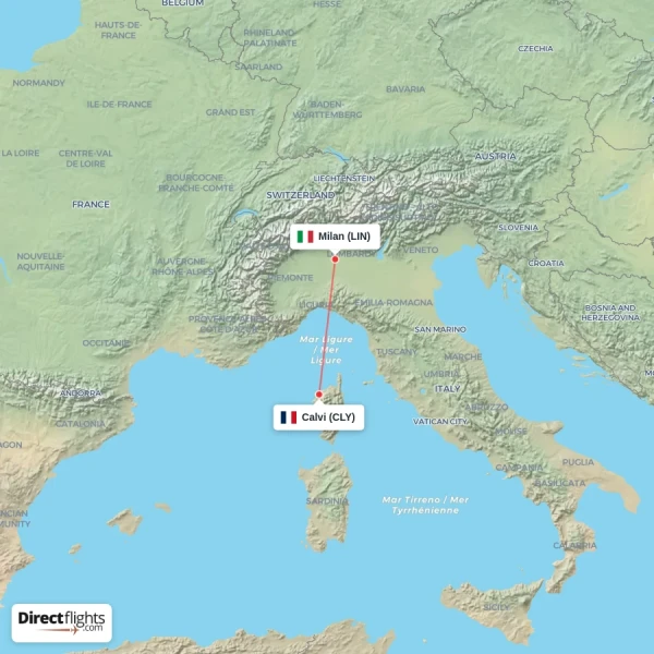 Calvi - Milan direct flight map