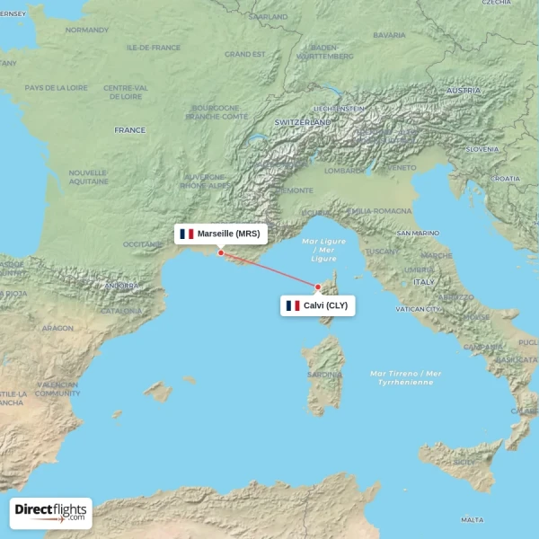 Calvi - Marseille direct flight map