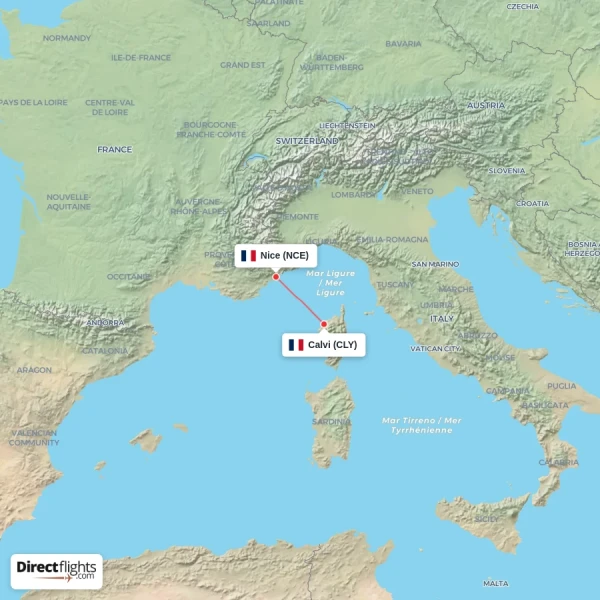 Calvi - Nice direct flight map