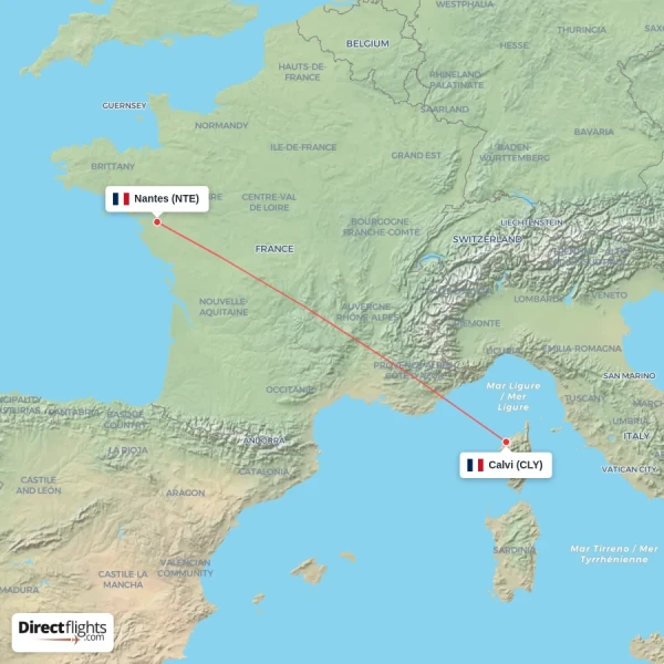 Calvi - Nantes direct flight map