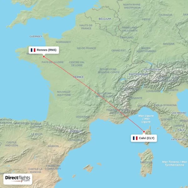 Calvi - Rennes direct flight map
