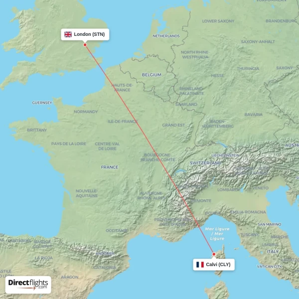 Calvi - London direct flight map